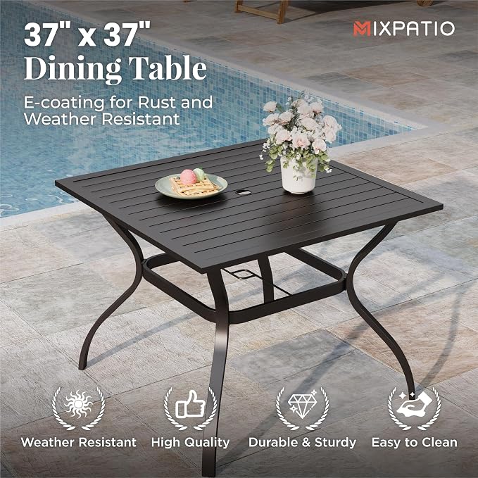 MIXPATIO 5 Pieces Patio Table and Chairs Set, 4 Person Outdoor Dining Furniture Set, 4 Red Textilene Chairs and 37" Square Metal Table with Umbrella Hole, for Deck Backyard Lawn