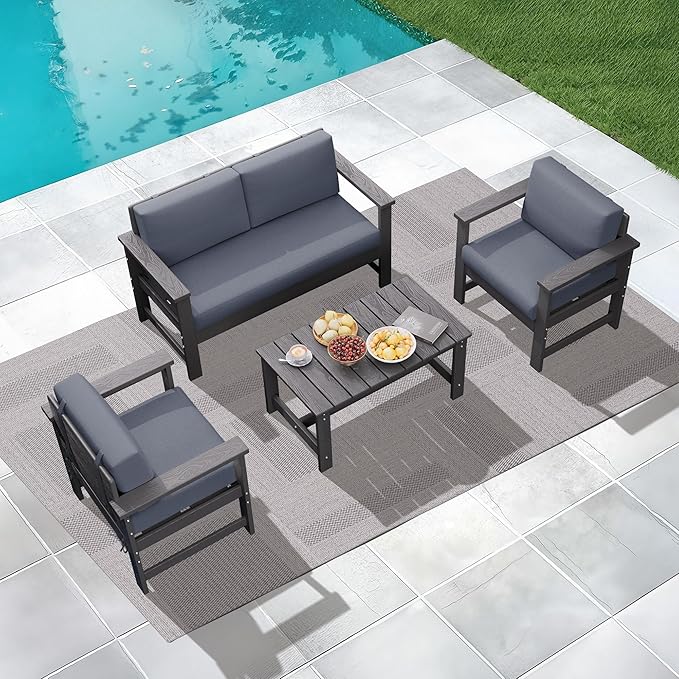 KINGYES 4 Pieces Outdoor Furniture Set, HDPE All Weather Use Conversation Couch, Grey Frame with Grey Cushions