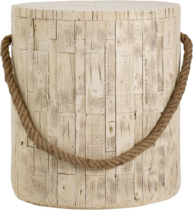IRONORA Whitewashed Wooden Cylindrical Outdoor Side Table with Rope Handle, Rustic Round Accent Table, Weathered End Table for Patio Backyard Garden