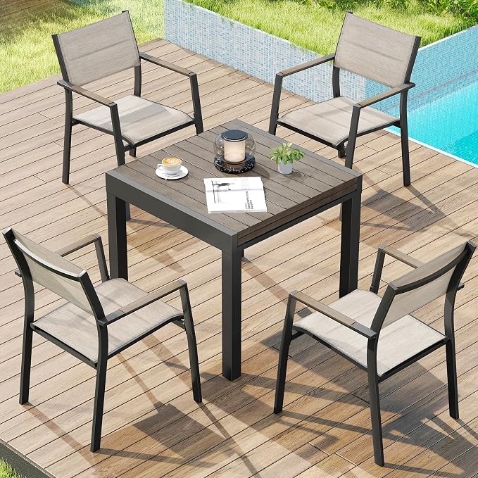5 Piece Outdoor Dining Set, Expandable Outdoor Patio Dining Table Set for 4-6 Person, Aluminum Outdoor Table and 6 Chairs with Textilene Fabric & Armrest for Patio, Garden, Lawn, Deck(Grey)