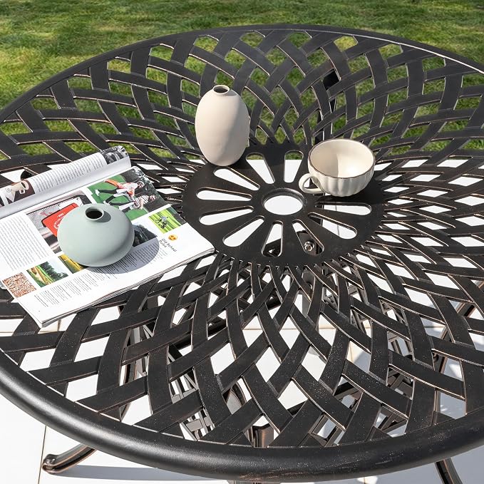 NUU GARDEN 42 Inch Outdoor Round Dining Table Cast Aluminum Tabletop with 2.24 Inch Umbrella Hole Patio Garden Backyard Balcony, Black with Gold-Painted Edges