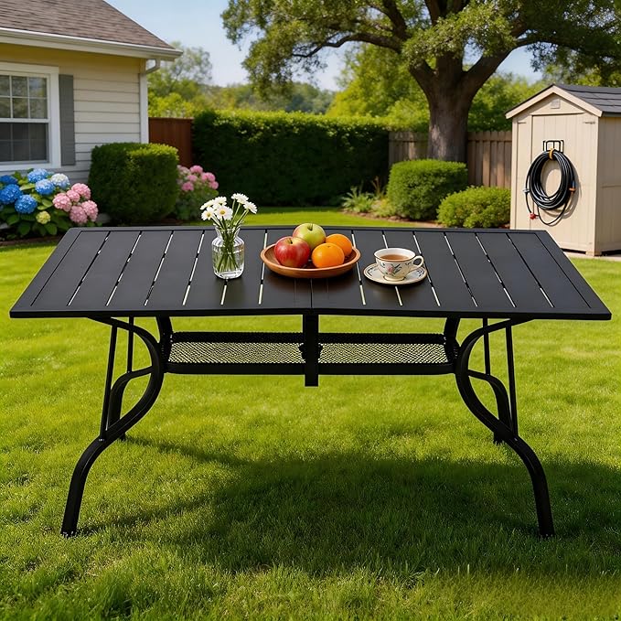 Outdoor Patio Dining Table for 6 People, 63" x 38" All-Weather Resistant Metal Rectangle Table with Adjustable Umbrella Hole for Garden Backyard Porch Poolside, Black