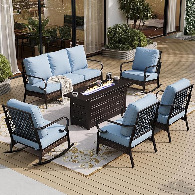 6 Piece Black Metal Outdoor Patio Furniture Sets with Firepit Table, Patio Conversation Sets 1 3-Seater Sofa, 2 Leg Chair and 2 Rocking Chair with 5.75" Cushion for Backyard Deck, Blue
