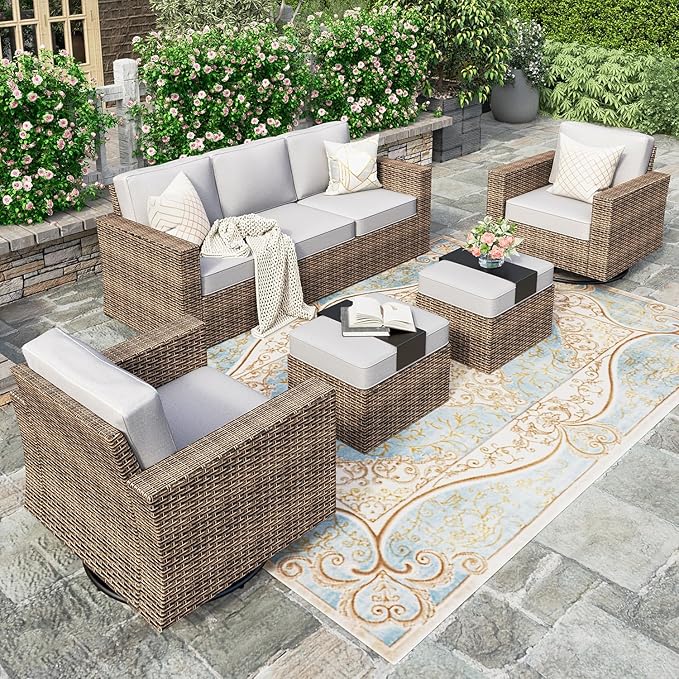 HERA'S HOUSE Swivel Glide Patio Furniture Set with 4.92" Widened Armrest Chairs, Outdoor Conversation Set, 5 Pieces Deep Seating Yellow Rattan Sofa with 5.5" Gray Cushions for Deck Garden Yard