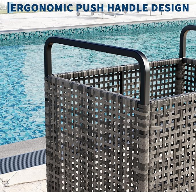 TrailBlaze Heavy-Duty Outdoor Pool Float Storage Bin – Large Mesh Organizer with Wheels & Handrail – Weather-Resistant PE Rattan – Locking Casters – Patio Poolside Storage Bench – Size: 85×66×91cm,