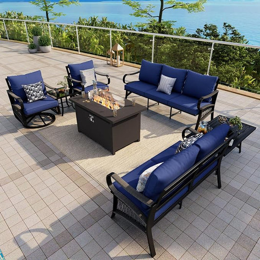 7-Piece Outdoor Furniture Set, Metal Swivel Rocking Chairs with All-Weather Cushions, Patio Conversation Set with Fire Pit Table for Deck, Porch, Garden, Backyard, Poolside (Blue Cushions)