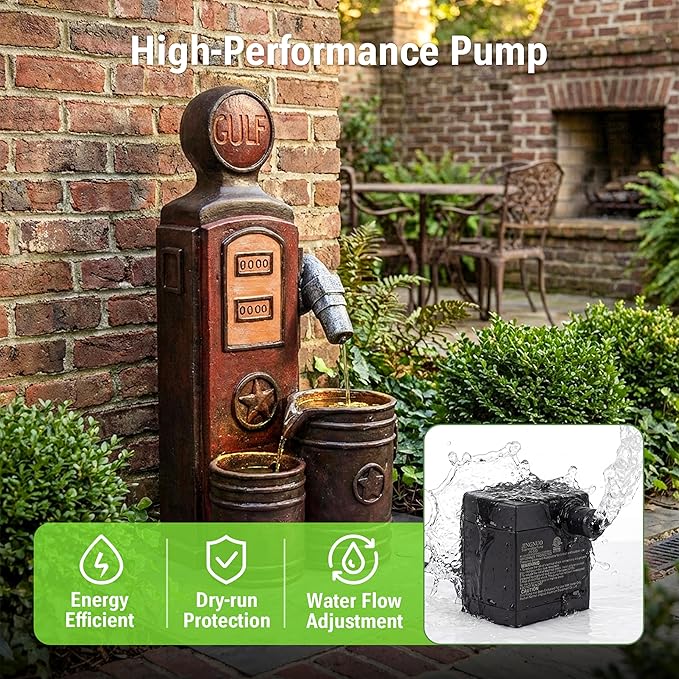 20-Inch Outdoor Water Fountain, 3-Tier Outdoor & Indoor Vintage Gas Pump Statue Resin Waterfall Fountain with 2 LED Lights, Home Decor for Patio, Garden, Backyard, Deck, Lawn, Porch in Red