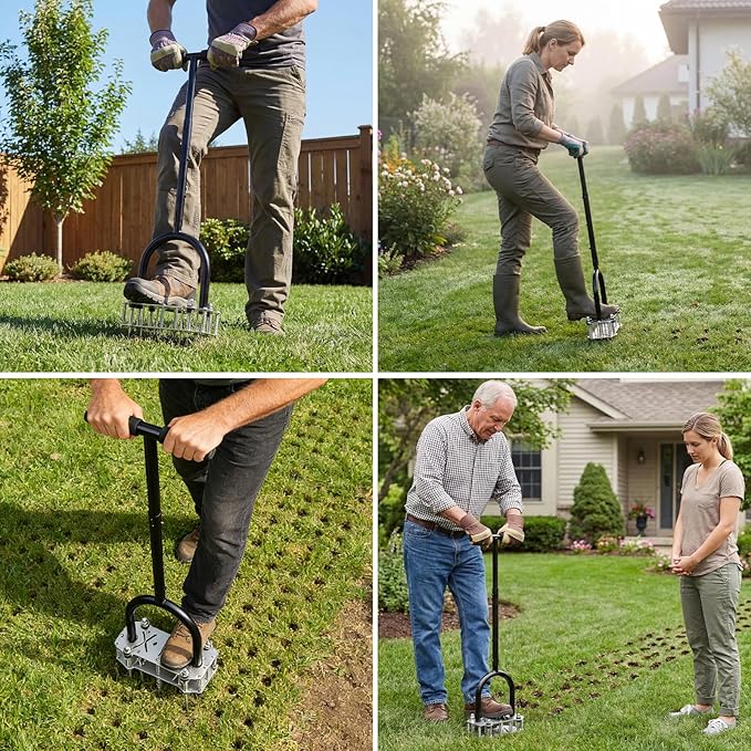 Lawn Core Aerator Tool, Manual Lawn Aerator Tool with Spring-Loaded Automatic Soil Ejection Loosener, Pre-Assembled Stainless Steel Spikes, Dual-Layer Design&Wide Foot Plate for Yard Garden Aeration