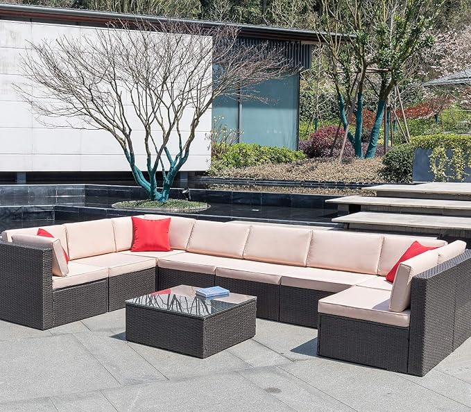Devoko 9 Pieces Outdoor Patio Sectional Sofa All-Weather Patio Furniture Sets Manual Weaving Wicker Rattan Patio Conversation Set with Cushions and Glass Table (Brown)