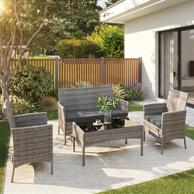 4 Pieces Outdoor Patio Furniture Set, Wicker Patio Conversation Set with Tea Table, All-Weather Outside Rattan Sectional Sofa for Backyard, Poolside, Garden, Balcony, Gray/Dark Gray