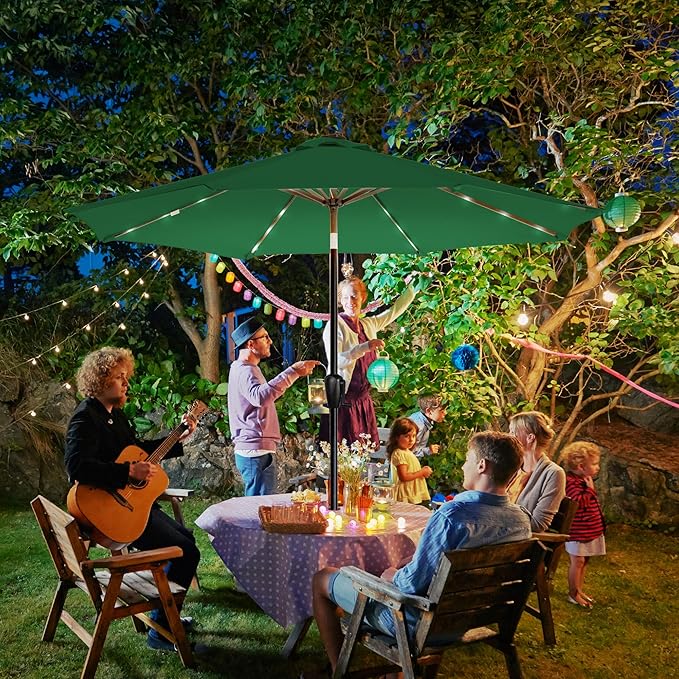 Sun-Ray 9' Round Patio Umbrella with 32 Solar Powered LED Lights, Push-Button Tilt and Hand Crank Lift, Solar Umbrella in Hunter Green for Porch, Deck, and Patio