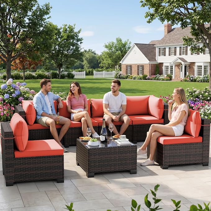 CHABATREE 7-Piece Outdoor Patio Furniture Sets, Manual Weaving Rattan Conversation Sectional Sofa with Tempered Glass Coffee Table, All-Weather PE Wicker & Thick Cushions for Garden, Backyard, Porch