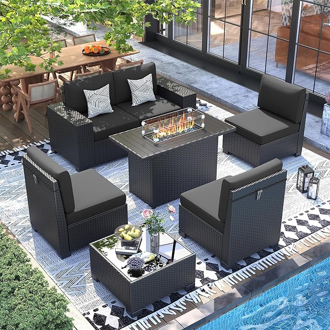 UDPATIO Patio Furniture Set with Fire Pit Table, Outdoor Wicker Conversation Set with 8'' Wide Armrests, Patio Sectional Sofa Set for Backyard, Deck, Black Cushions