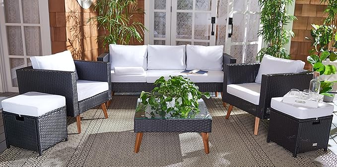 SAFAVIEH Outdoor Collection Presla Wicker Cushion 6-Piece Living Set PAT7715A-3BX, Black/White