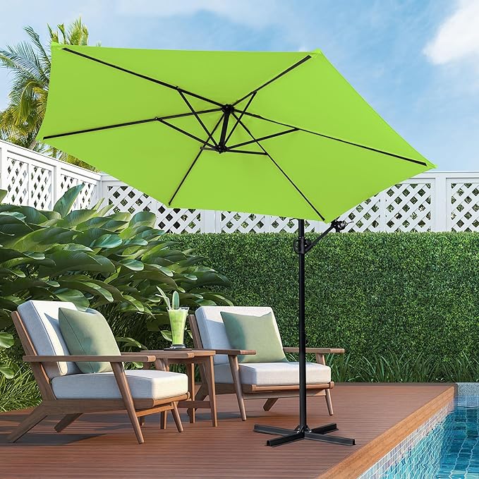 Shintenchi Offset Patio Umbrella with Easy Tilt Adjustment,Crank and Cross Base, Outdoor Cantilever Hanging Umbrella, Sunshade Free Standing Canopy, Olive