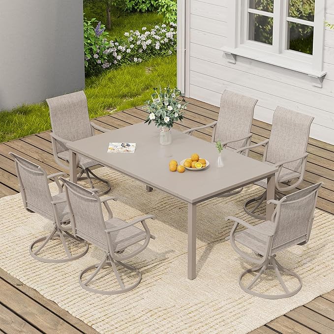 VICLLAX 7 Pieces Patio Dining Set, Patio Furniture Set of 6 Patio Swivel Dining Chairs and Rectangular Patio Table, Sandshell Chairs & Sandshell Tabletop