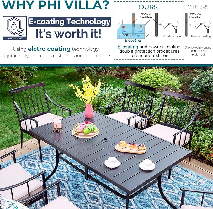 PHI VILLA 7 Piece Patio Dining Set, Rectangular Metal Table | Metal chairs, Fixed Chair, Umbrella Hole, adjustable, Cushions, powder-coated, 300 lb chair capacity