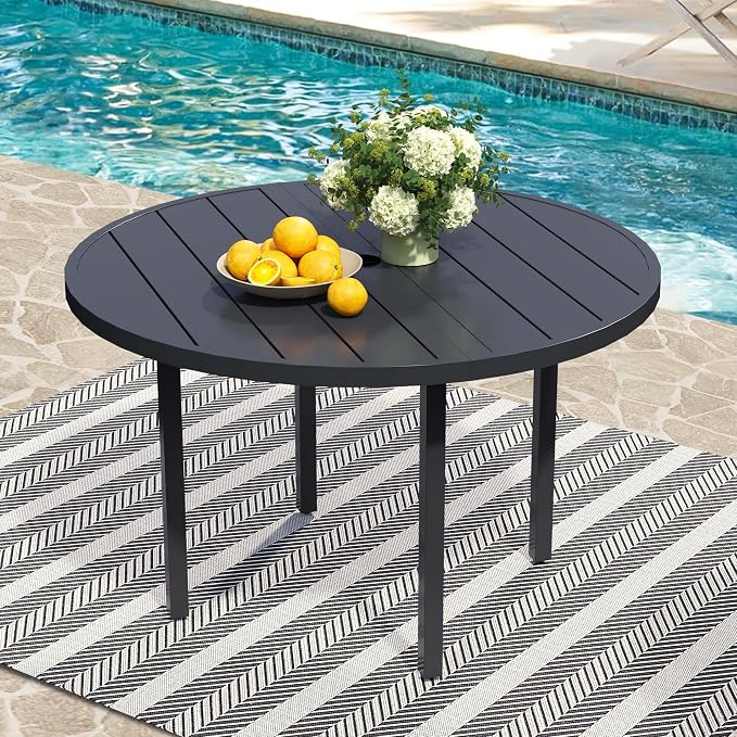 60" Round Patio Table with Umbrella Hole, Metal Outdoor Dining Table for Garden, Backyard and Deck, 8 Person Round Patio Dining Table for Outside, Black
