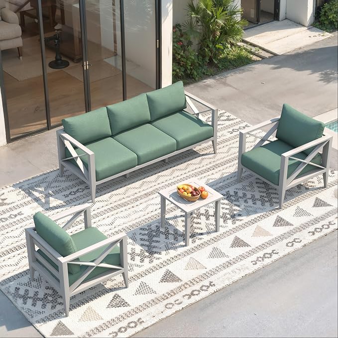 Aluminum Outdoor Patio Furniture Set with 5.2" Thick Cushions, 6-Piece Outdoor Sectional, Patio Conversation Sets for Backyard,(White,5 Seats)