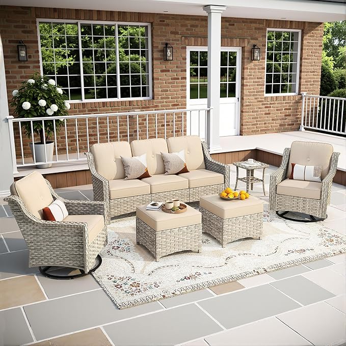 6-Piece Patio Furniture Set, Outdoor Conversation Set Sectional Sofa with Rocking Chairs and Water Resistant Cushions, Beige