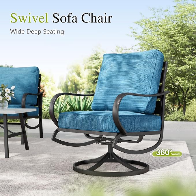 Sophia & William Patio Furniture Sets for 5 Outdoor Metal Conversation Sets 5 Pcs with 2 x Cushioned Swivel Sofa Chairs, 2 x Ottomans as Coffee Table, 1 x 3-Seat Sofa, Backyard Poolside Peacock Blue