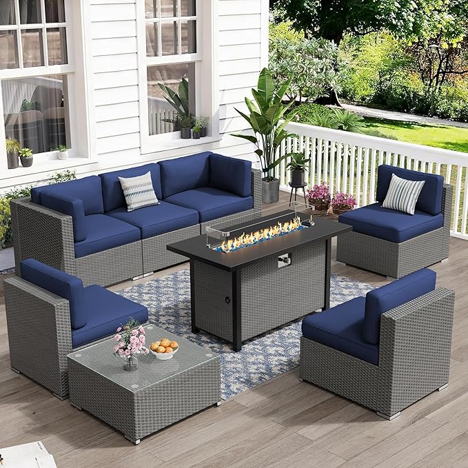 Oakcloud 8-Piece Outdoor Patio Furniture Sofa Set with 45” Propane Gas Fire Pit Table, Grey Rattan Wicker Sectional Conversation Sets with Glass Top Tables and Cushions(Dark Blue, w/Fire Pit Table)