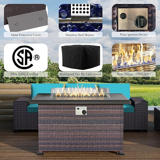 13 PCS Outdoor Patio Furniture Set,Outdoor Sectional Furniture with 43" 55000 BTU Gas Propane Fire Pit Table,All Weather PE Rattan Wicker Patio Conversation Set,Turquoise Blue