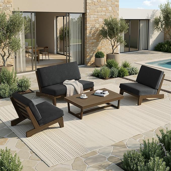 UIXE 5 Pieces Wood Patio Furniture Sets, 2 Patio Loveseat, 2 Patio Bistro Chair, All Weather Outdoor Sectional Sofa Furniture Backyard Conversation Set with Coffee Table - Dark Gray