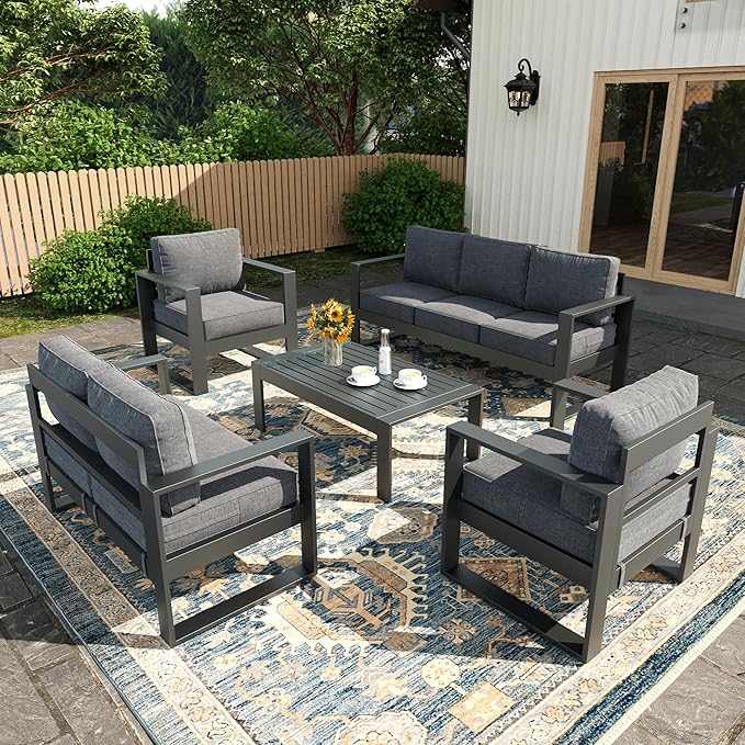 5 Piece Modern Aluminum Patio Furniture Set, Outdoor Patio Sectional Conversation Metal Seating Sets with Olefin Cushion and Coffee Table