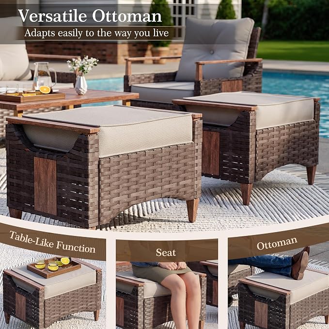 Nestnook 6 Pieces Patio Furniture Set, Outdoor All-Weather Handwoven PE Wicker Swivel Chairs, Conversation Set with Coffee Table, Sofa with Thick Cushion & Ottoman for Backyard, Deck & Poolside, Beige