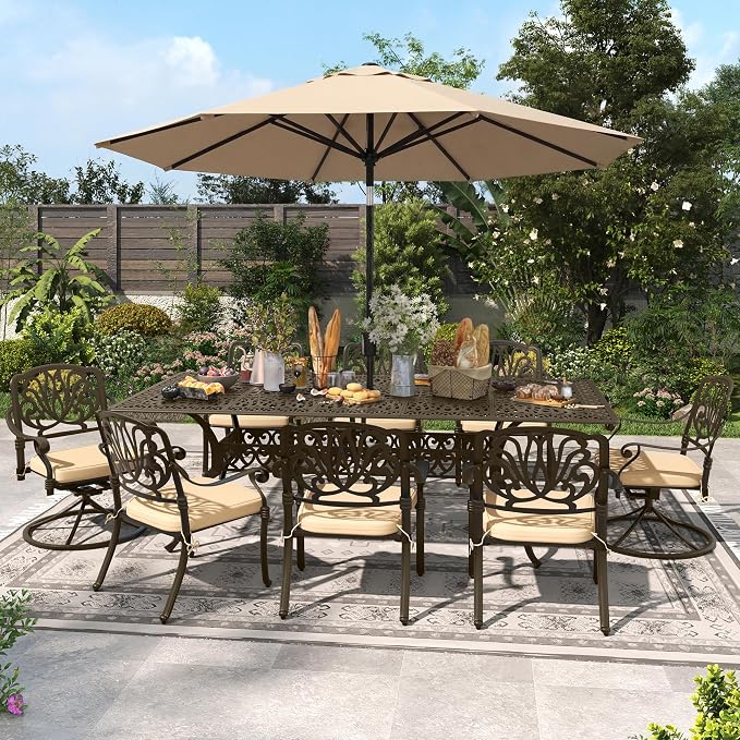 9-Piece Outdoor Dining Set, Retro Bronze Cast Aluminum Patio Furniture Include 86.6" Rectangle Table and 8 Fixed Chairs with Cushion and Umbrella Hole for Patio Deck Garden