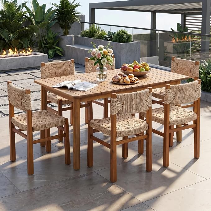 Christopher Knight Home Tanya 7 Piece Acacia Wood Outdoor Dining Table Set for 6, Extendable Dining Table and 6 Chairs with Wicker Seat & Backrest, Outdoor Patio Furniture Set, Light Grey + Teak