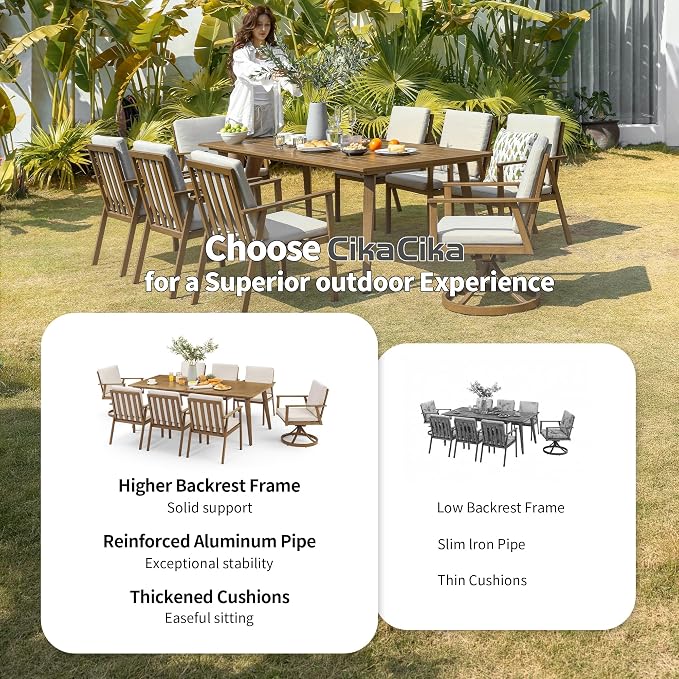 9 Pieces Patio Dining Set for 8, Aluminum Outdoor Dining Table Sets with Umbrella Hole, Modern Outdoor Furniture Set with 2 Swivel Chairs, 6 Dining Chairs and Table for Backyard Poolside,Teak