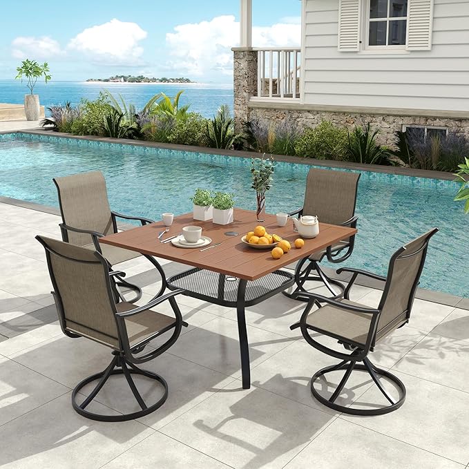 VICLLAX Patio 5 Pieces Outdoor Dining Set for 4, 38" Square Metal Dining Table with Umbrella Hole and 4 Swivel Textilene Chairs for Lawn,Garden,Porch,Walnut/Brown