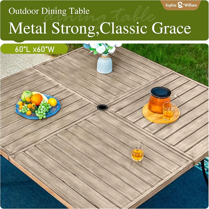 Sophia & William Metal Outdoor Dining Set for 8 Patio Outdoor Table and Chairs with 57.5“ Large Square Dining Table(1.9" Umbrella Hole) & 8 Heavy-Duty Padded Swivel Chairs, for Garden Deck
