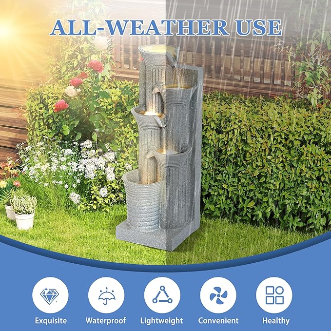 5-Tiers Outdoor Garden Water Fountain with Cascading Rock, Fountains and Waterfalls w/LED,Indoor/Outdoor Floor Standing Water Feature w/Bamboo Joint Decor for Patio, Backyard (Light Grey)