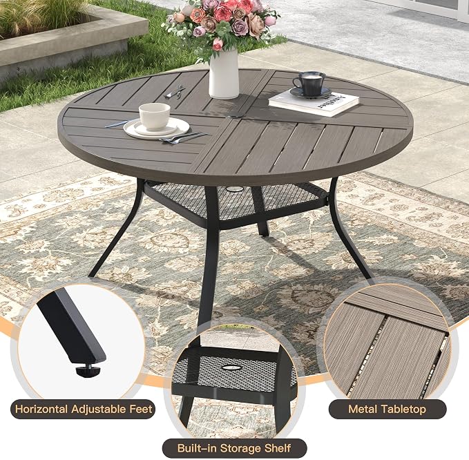 7 Pieces Outdoor Dining Set, Stackable Textilene Paito Chairs & 47.1" Round Dining Table with Umbrella Hole and Shelf, Patio Dining Set for Backyard, Deck, Garden, Grey