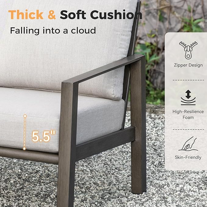 HAPPATIO Patio Conversation Set, 4-Piece Aluminum Oversized Patio Furniture Set with Rope Woven Backrest, 2 Chairs and Loveseat with Thick Cushion, Hand-Brushed Frame for Yard, Porch, Balcony