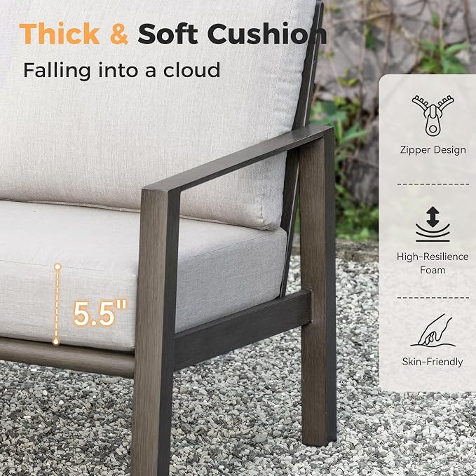 HAPPATIO Patio Conversation Set, 4-Piece Aluminum Oversized Patio Furniture Set with Rope Woven Backrest, 2 Chairs and 3-Seat Sofa with Thick Cushion, Hand-Brushed Frame for Yard, Porch, Balcony