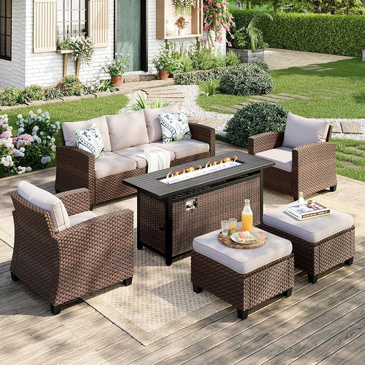 MIXPATIO Patio Furniture Set, 6 Pcs Wicker Rattan Outdoor Conversation Set, 2 x Leg Chairs, 1 x 3 Seater Sofa and 2 x Ottoman with 4" Thick Cushion and 56" Fire Pit Table, Beige