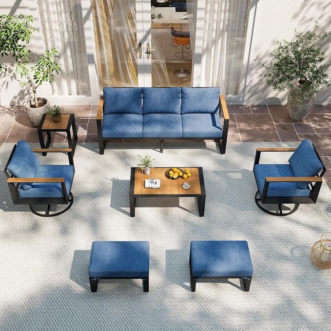 Aluminum Patio Furniture Set with Swivel Chairs, 7-Piece Modern Patio Conversation Sets with Water-Resistant Cushions, Blue