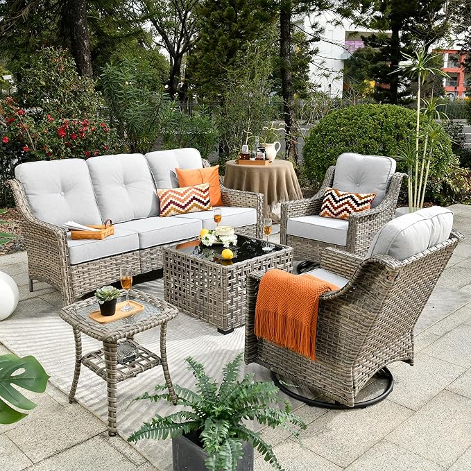 Patio Conversation Set,5 Pieces Wicker Patio Furnitures with Swivel Chair and Coffee Table,All Weather Patio Furniture Set for Garden,Backyard,Poolside and Patio,Grey