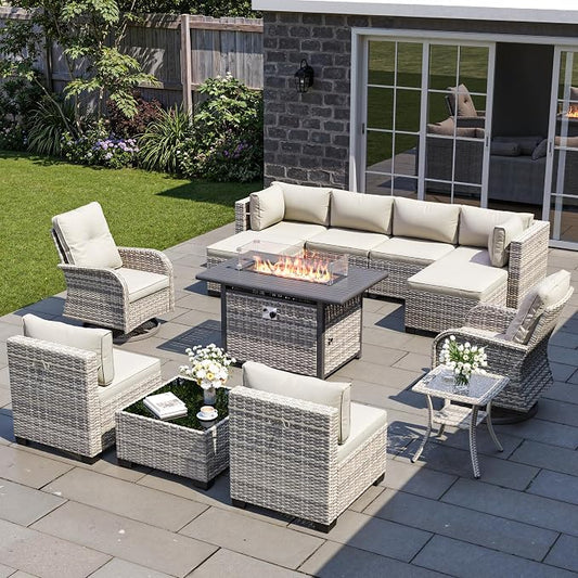 13-Piece Patio Furniture Set, Outdoor Patio Furniture with Swivel Chairs Set, Ottomans, 55,000 BTU Fire Pit Table, Modular Patio Sofa, Dual-Strand Wicker Rattan, Rust-Resistant Frame, Ivory