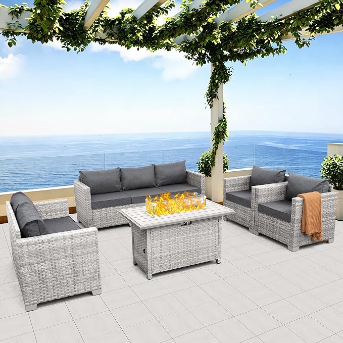 WAROOM Patio Furniture Set 5 Piece Outdoor Furniture with Fire Pit Table, Grey Wicker Sectional Sofa Couch Sets Backyard Deep Seating PE Rattan Chairs with Grey Cushion