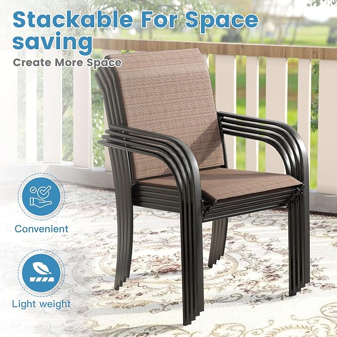 DIFY 5 Pieces Outdoor Dining Table Chair Set, Patio Dining Set with 1 Black Square Curved Legs Table with and Umbrella Hole & 4 Brown Stackable with Armrests Chairs for Lawn, Garden, Porch