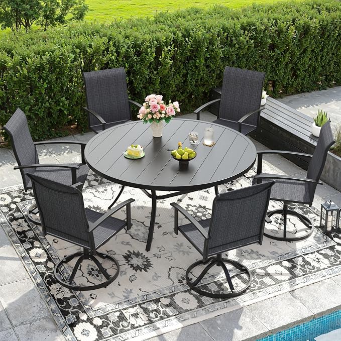 DIFY 7 Pieces Outdoor Dining Set for 6, 50" Black Round Metal Table with Umbrella Hole and Dark Grey Textilene Swivel Patio Chairs, Patio Table and Chairs Set for Garden, Backyard, Poolside