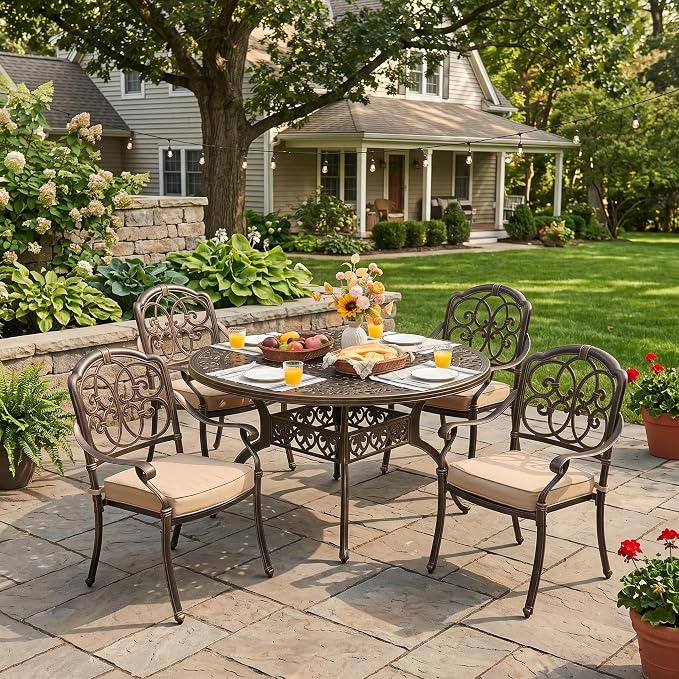 5-Pcs Cast Aluminum Patio Dining Set for 4, 54" Round Table,Bronze | Outdoor Furniture Set Include Dining Table and 4 Stackable Chairs with Cushions & Umbrella Hole