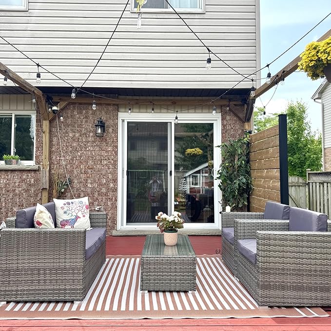 Outsunny 4 Piece Wicker Patio Furniture Set with Cushions, Outdoor Sectional Furniture with 2 Sofa, Loveseat, and Glass Top Coffee Table, Conversation Sofa Sets for Garden, Gray