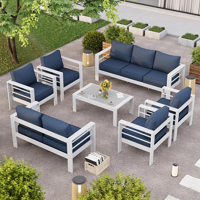 Aluminum Patio Furniture Set, 7 Piece Metal Outdoor Furniture Set, Patio Set with Waterproof Covers for Backyard Garden（White&Blue）