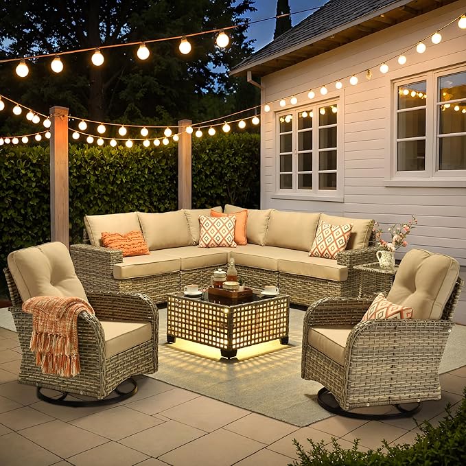 9 Pcs Outdoor Sectional Patio Furniture Set with Swivel Rocking Chair - All Weather Wicker Modular L Shaped Outside Sectional Couch,Patio Seating Outdoor Conversation Sets for Deck Yard,Beige